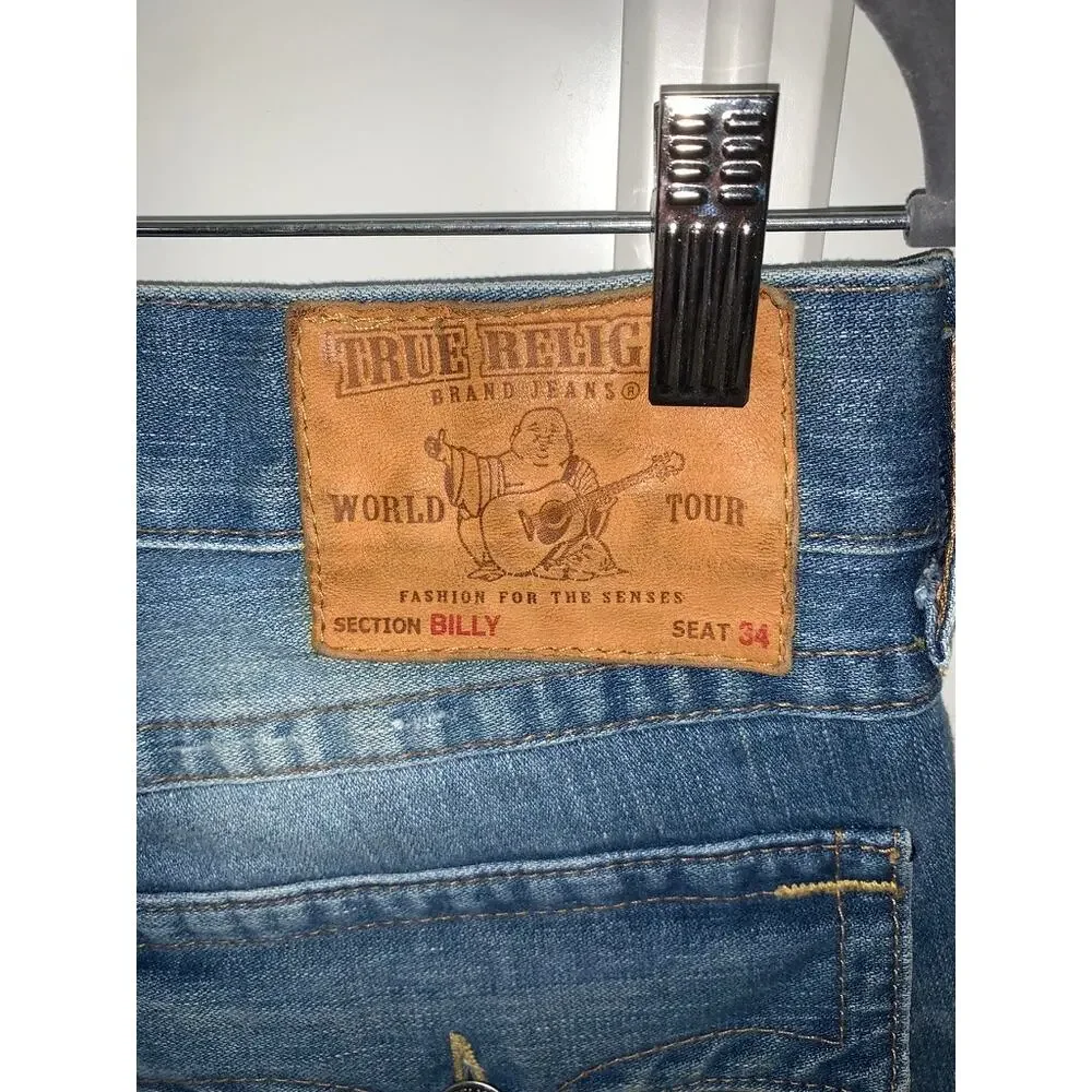 True‎ Religion Men's Blue Straight Jeans Size 34 Distressed Flap Pockets
